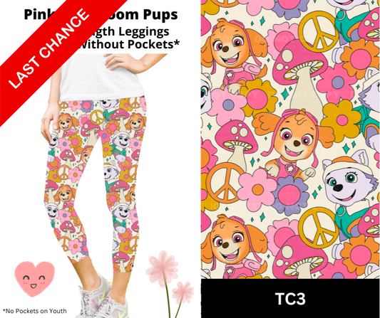 Pink Mushroom Pups Capri Length Leggings w/ Pockets