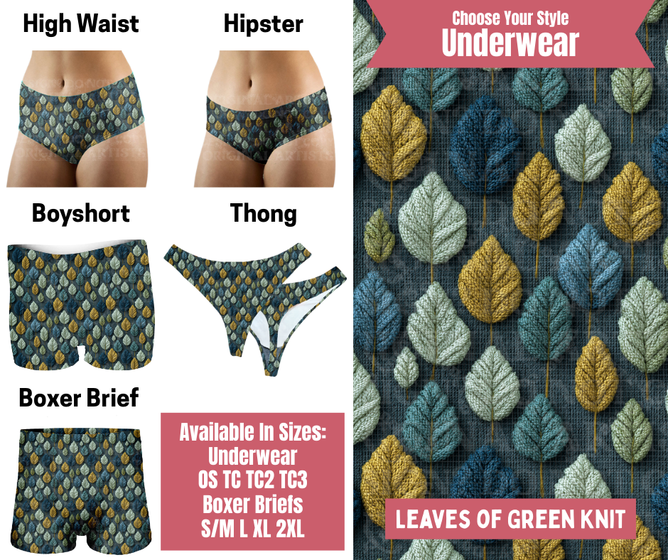 Preorder! Closes 9/29. ETA Dec. Leaves Of Green Knit Hipster, High Waist, Boyshort, & Thong Underwear & Boxer Briefs