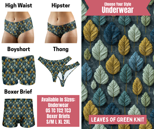 Preorder! Closes 9/29. ETA Dec. Leaves Of Green Knit Hipster, High Waist, Boyshort, & Thong Underwear & Boxer Briefs