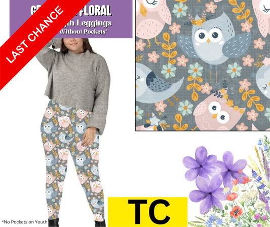 Grey Owl Floral Full Length Leggings w/ Pockets