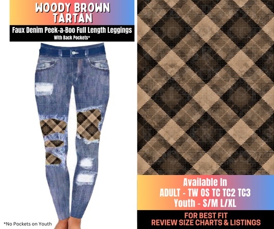 Preorder! Closes 10/16. ETA Jan. Woody Brown Tartan Full Length Faux Denim Peekaboo
