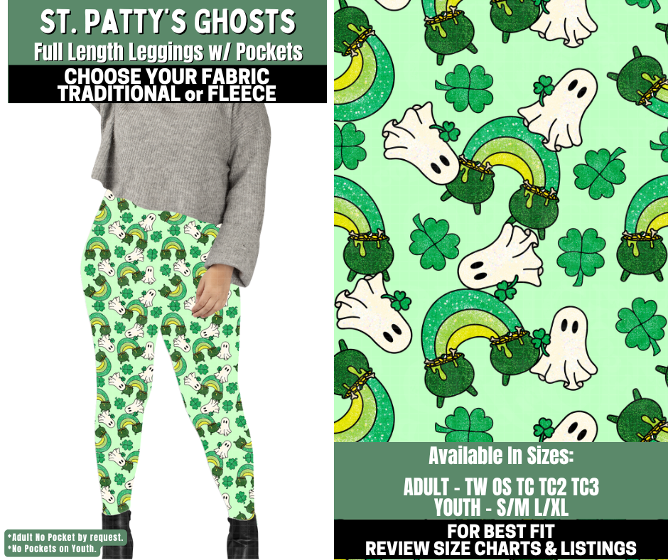Preorder! Closes 12/4. ETA Feb. St. Patty's Ghosts Leggings Choose Fleece or Traditional