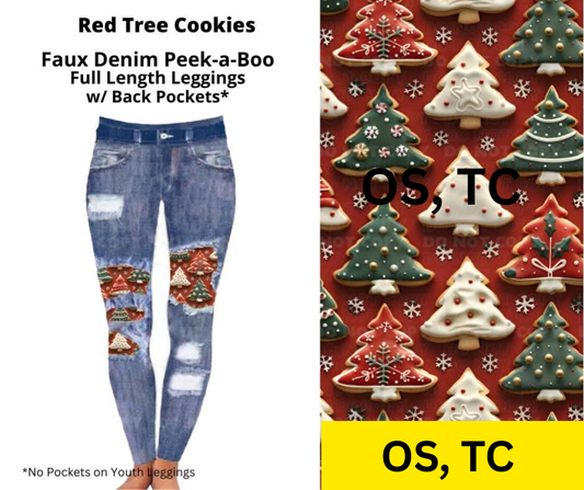 Red Tree Cookies Faux Denim Full Length Peekaboo Leggings