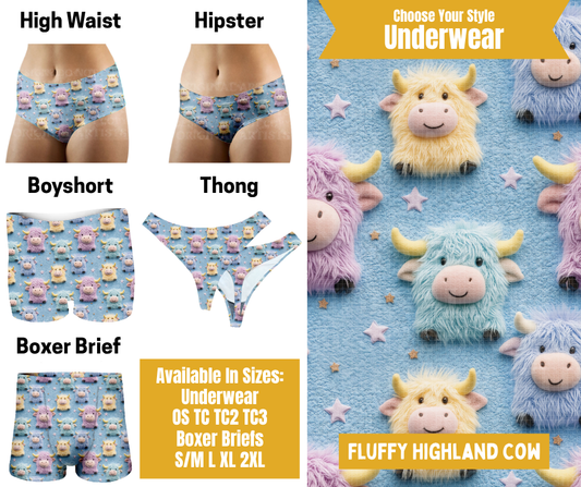 Preorder! Closes 10/28. ETA Jan. Fluffy Highland Cow Hipster, High Waist, Boyshort, & Thong Underwear & Boxer Briefs