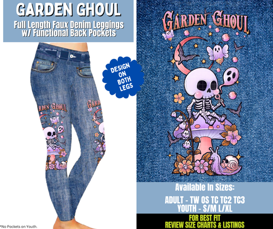 Preorder! Closes 12/15. ETA March. Garden Ghoul Full Length Faux Denim w/ Side Leg Designs
