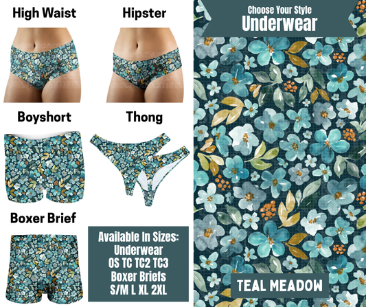 Preorder! Closes 9/30. ETA Dec. Teal Meadow Hipster, High Waist, Boyshort, & Thong Underwear & Boxer Briefs