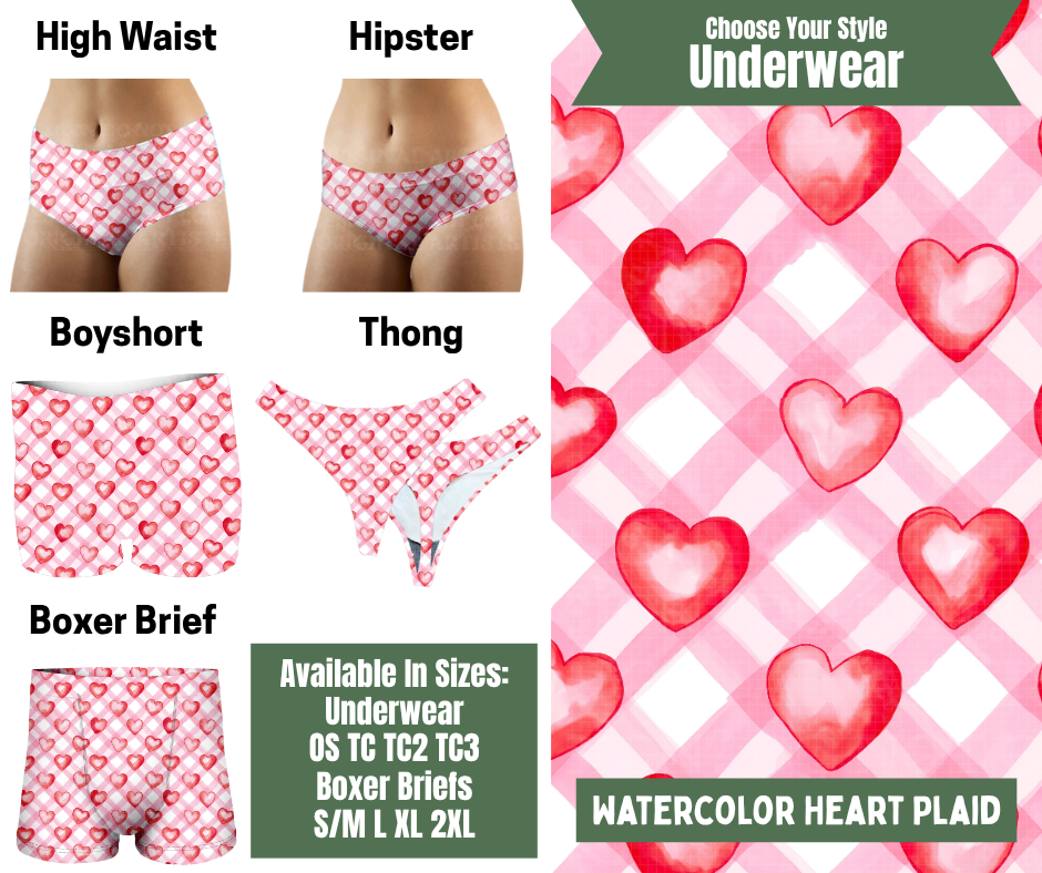 Preorder! Closes 11/24. ETA Jan. Watercolor Heart Plaid Hipster, High Waist, Boyshort, & Thong Underwear & Boxer Briefs
