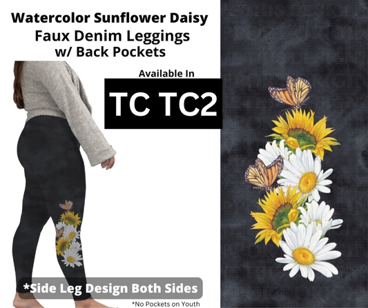 Watercolor Sunflower Daisy Full Length Leggings w/ Side Leg Designs