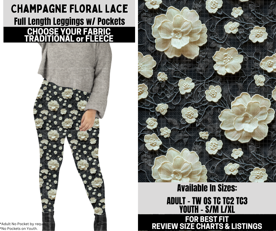 Preorder! Closes 10/6. ETA Dec. Champagne Floral Lace Leggings Choose Fleece or Traditional