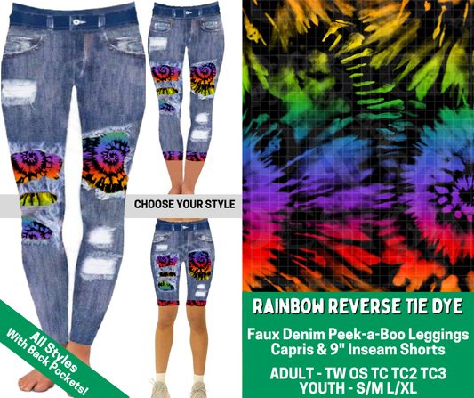 Preorder! Closes 2/18. ETA May. Rainbow Reverse Tie Dye Combo Faux Denim Peekaboo Legging Lengths - Alonna's Legging Land
