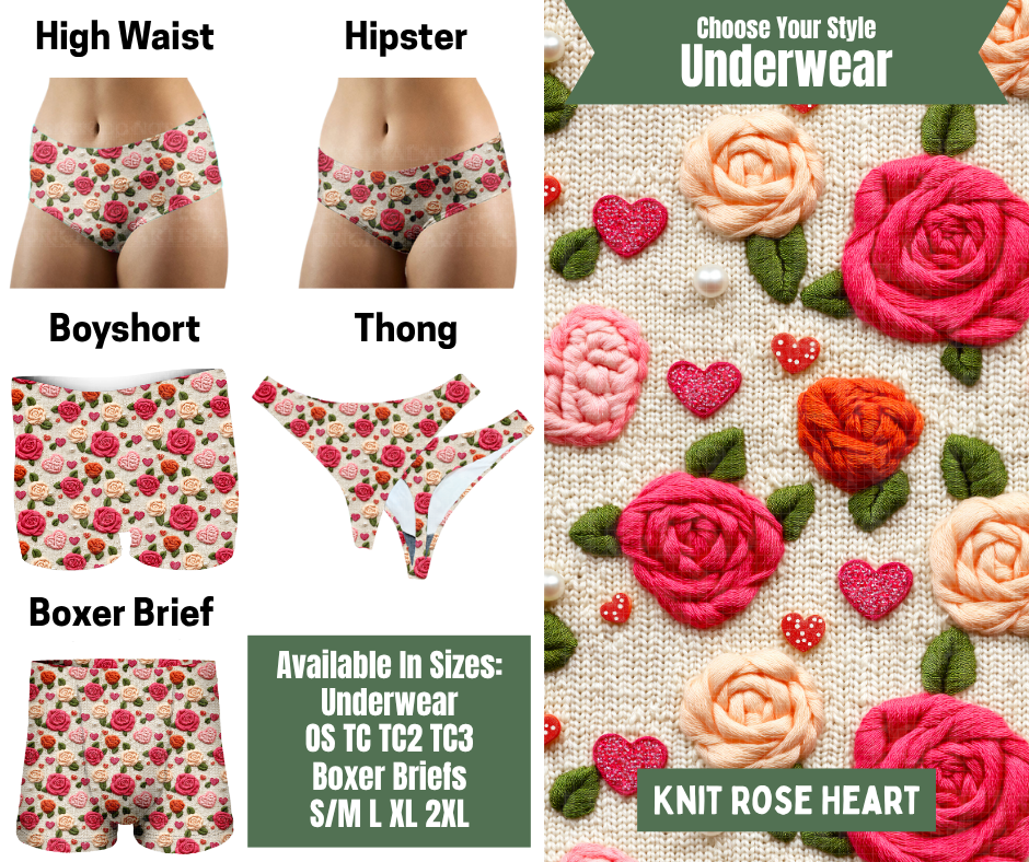 Preorder! Closes 11/24. ETA Jan. Knit Rose Heart Hipster, High Waist, Boyshort, & Thong Underwear & Boxer Briefs