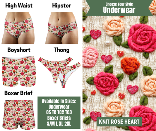 Preorder! Closes 11/24. ETA Jan. Knit Rose Heart Hipster, High Waist, Boyshort, & Thong Underwear & Boxer Briefs
