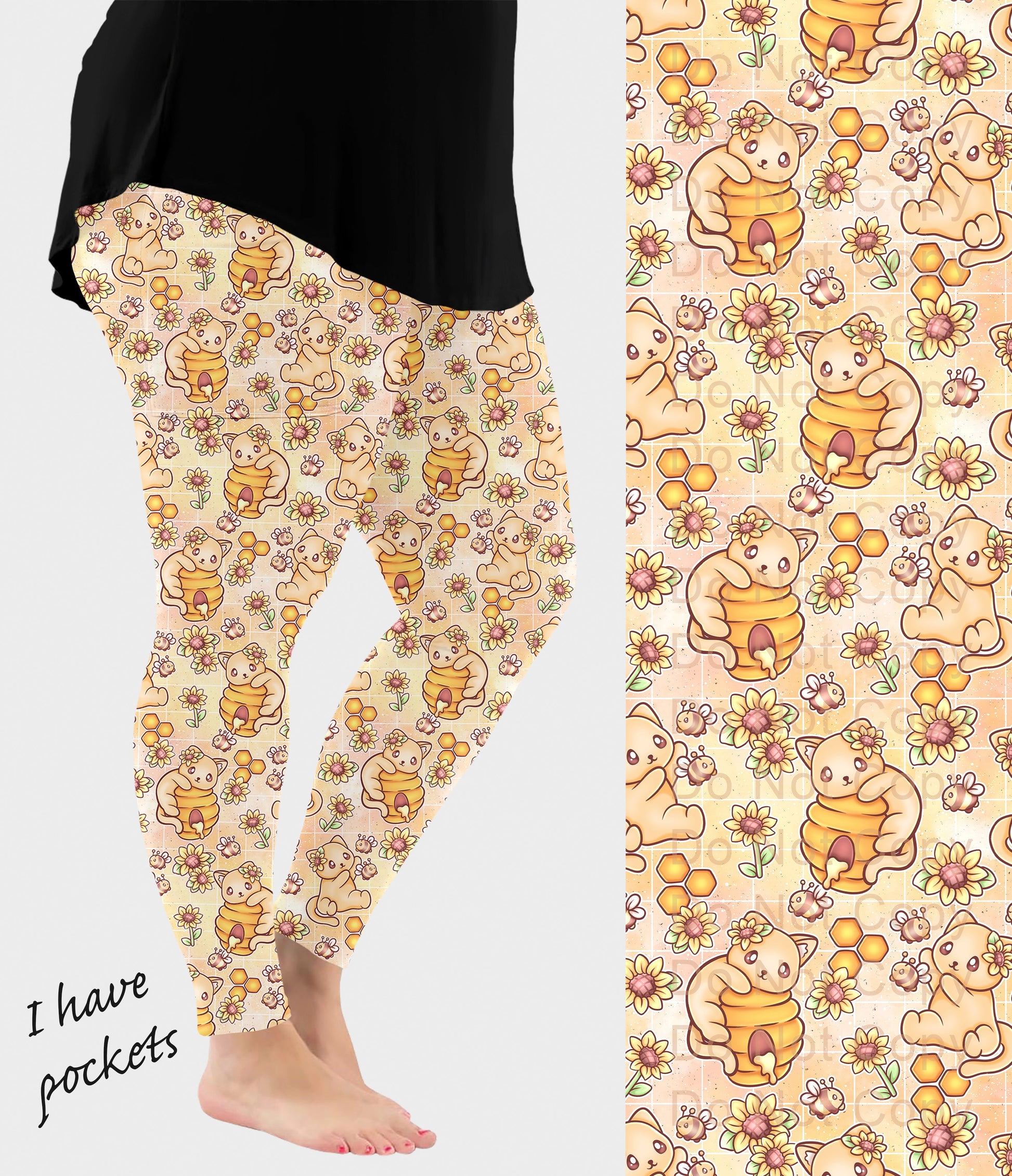 RTS - Sunflower Honey Cats Leggings w/ Pockets - Alonna's Legging Land