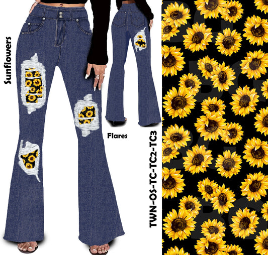 Sunflowers Peek A Boo Faux Denim Yoga Flares with Pockets