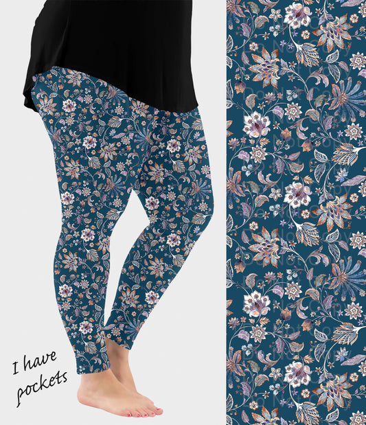RTS - Teal Floral Paisley Leggings w/ Pockets