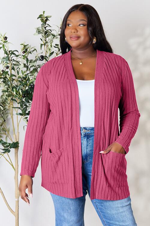 Basic Bae Full Size Ribbed Open Front Cardigan with Pockets - Alonna's Legging Land