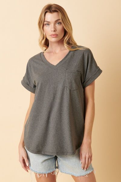 Mittoshop Full Size V-Neck Rolled Short Sleeve T-Shirt - Alonna's Legging Land