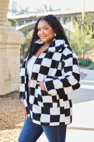 Double Take Full Size Checkered Button Front Coat with Pockets - Alonna's Legging Land