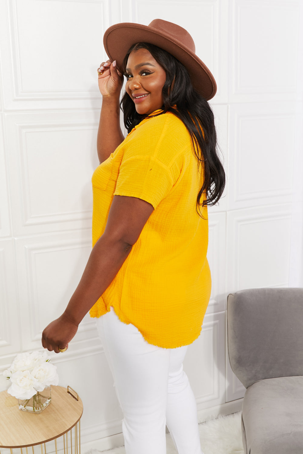 Zenana Full Size Summer Breeze Gauze Short Sleeve Shirt in Mustard - Alonna's Legging Land