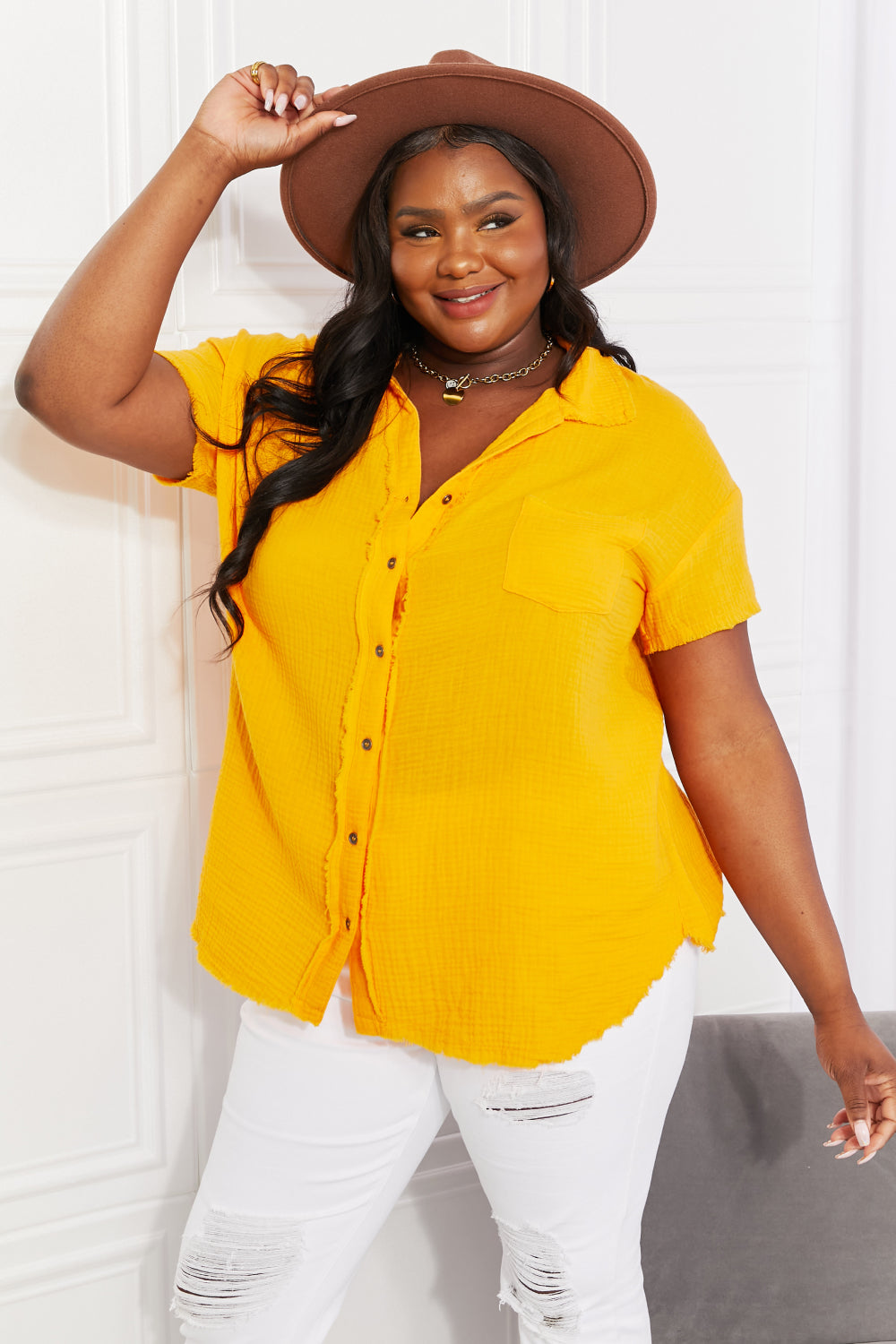 Zenana Full Size Summer Breeze Gauze Short Sleeve Shirt in Mustard - Alonna's Legging Land