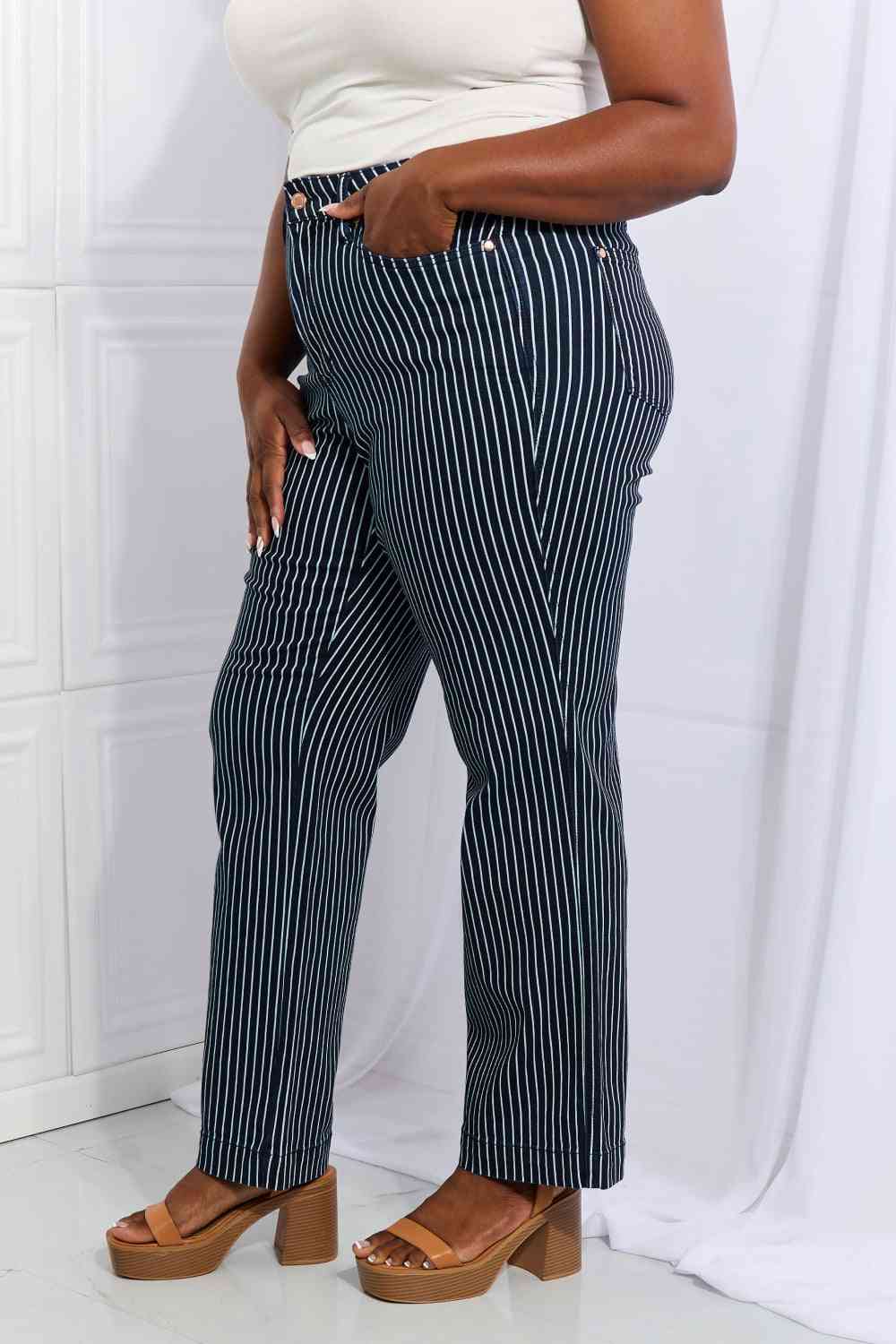 Judy Blue Cassidy Full Size High Waisted Tummy Control Striped Straight Jeans - Alonna's Legging Land