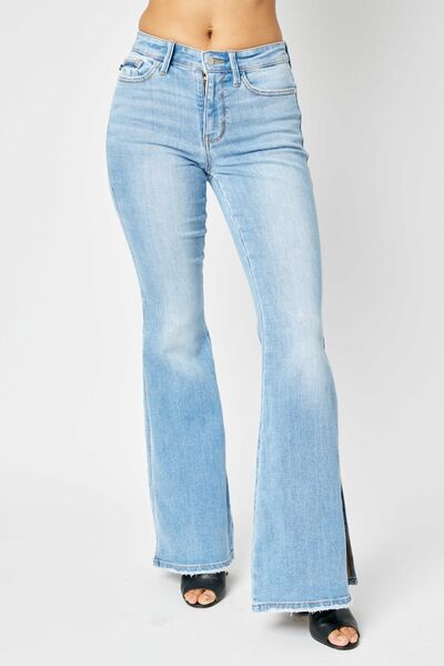 Judy Blue Full Size Mid Rise Raw Hem Slit Flare Jeans - Alonna's Legging Land