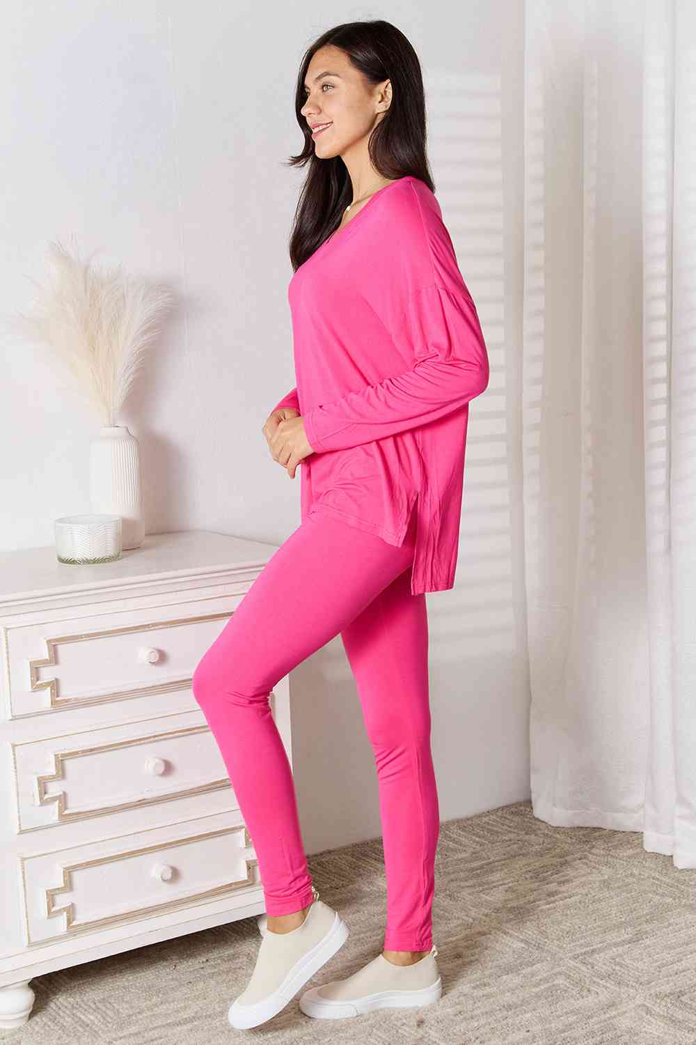 Basic Bae Full Size V-Neck Soft Rayon Long Sleeve Top and Pants Lounge Set - Alonna's Legging Land