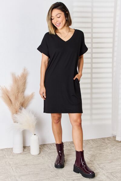 Zenana Full Size Rolled Short Sleeve V-Neck Dress - Alonna's Legging Land