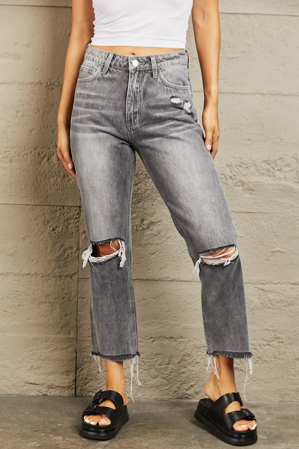 BAYEAS Stone Wash Distressed Cropped Straight Jeans - Alonna's Legging Land