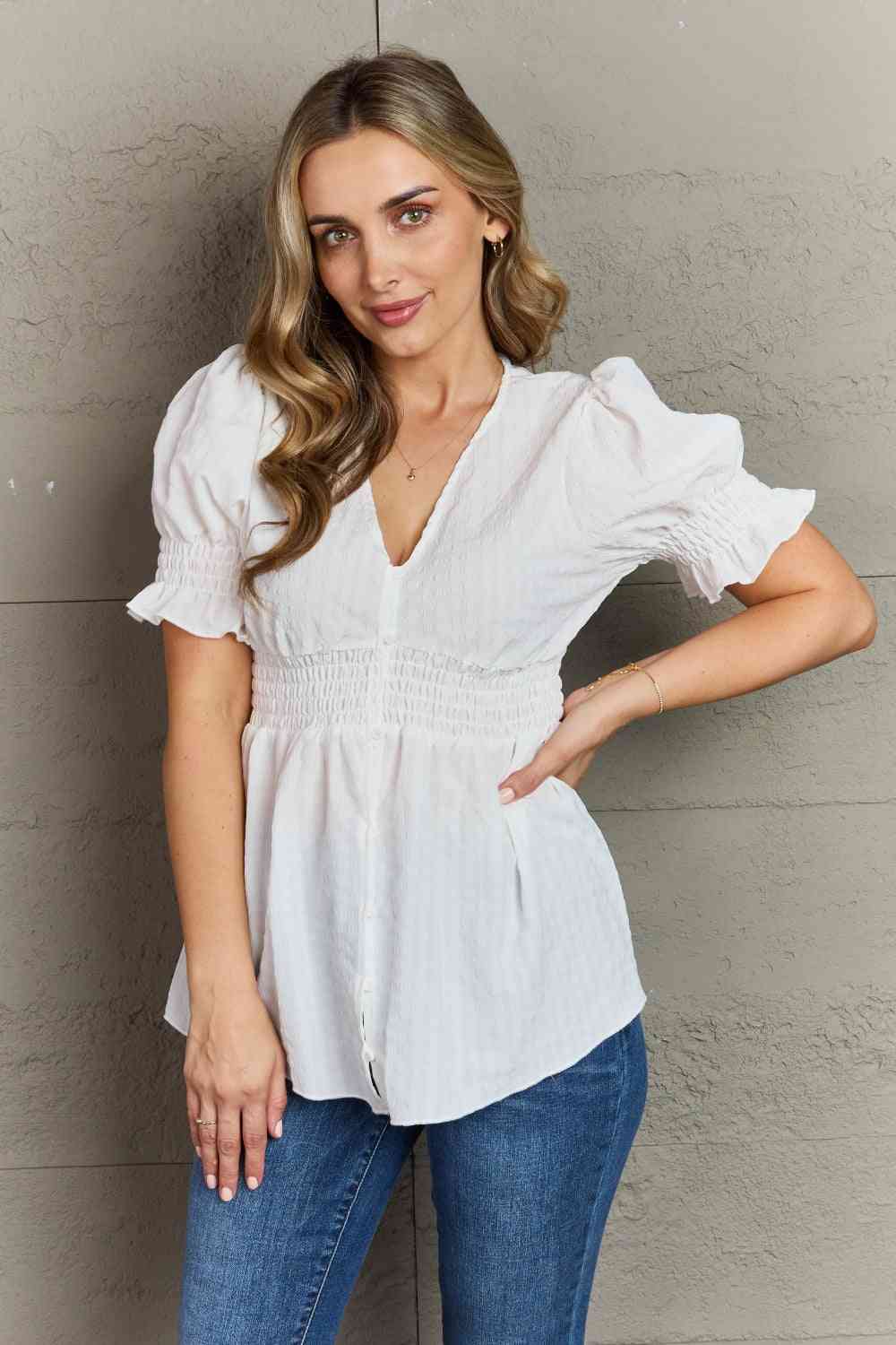 Culture Code Sweet Serenity  Full Size V-Neck Puff Sleeve Button Down Top - Alonna's Legging Land
