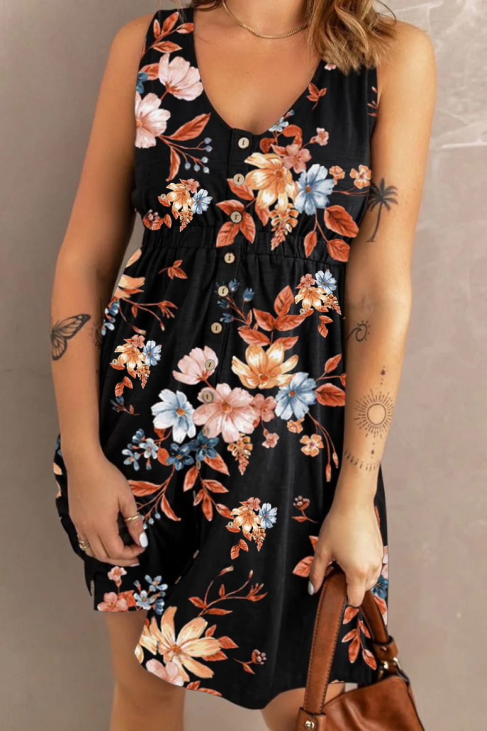 Double Take Printed Scoop Neck Sleeveless Buttoned Magic Dress with Pockets - Alonna's Legging Land