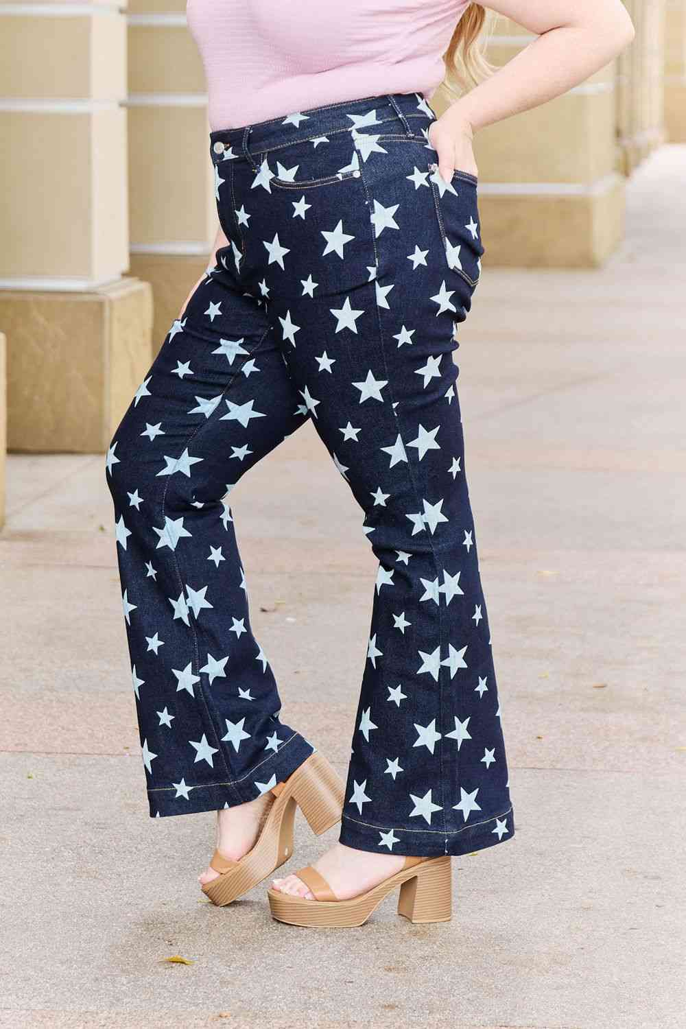Judy Blue Janelle Full Size High Waist Star Print Flare Jeans - Alonna's Legging Land