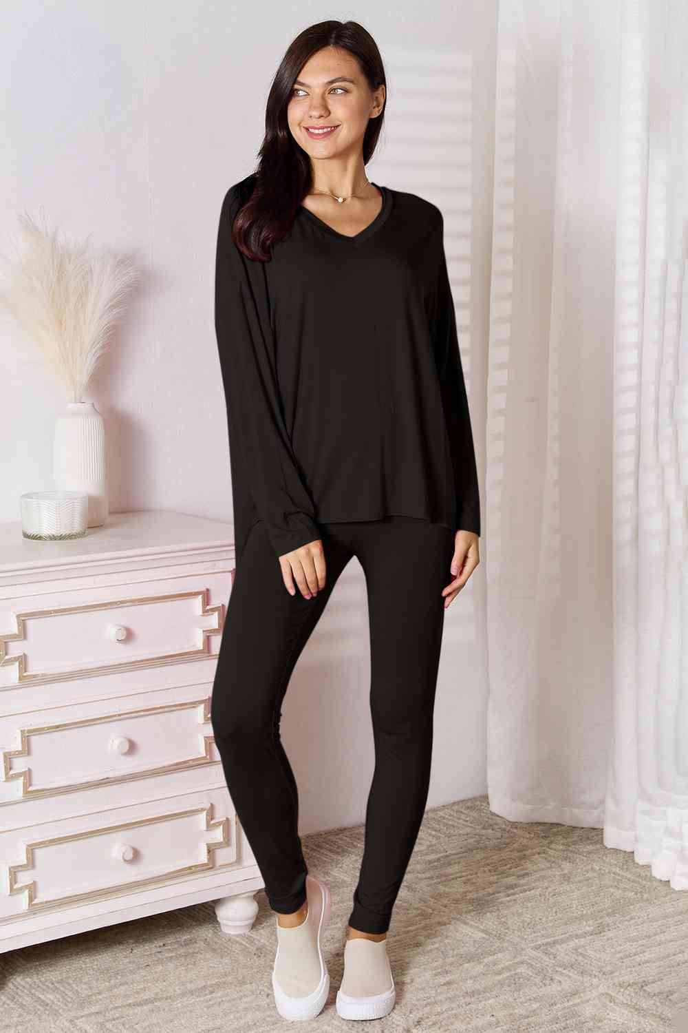 Basic Bae Full Size V-Neck Soft Rayon Long Sleeve Top and Pants Lounge Set - Alonna's Legging Land