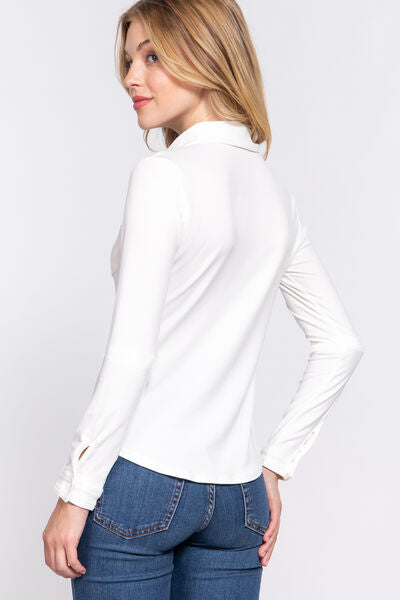 ACTIVE BASIC Long Sleeve Front Pocket DTY Brushed Shirt - Alonna's Legging Land