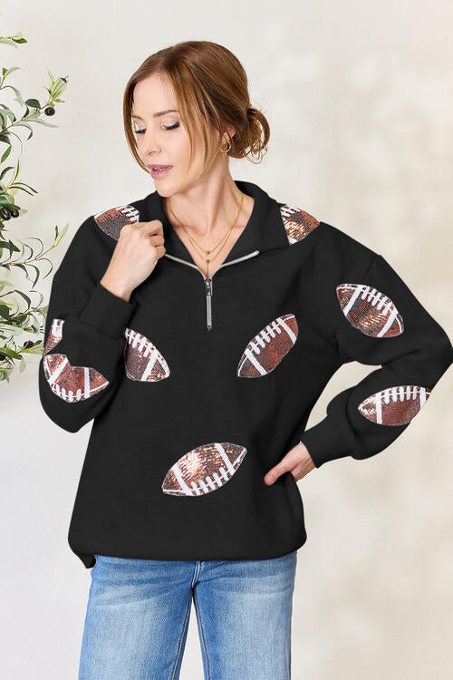 Double Take Full Size Sequin Football Half Zip Long Sleeve Sweatshirt - Alonna's Legging Land