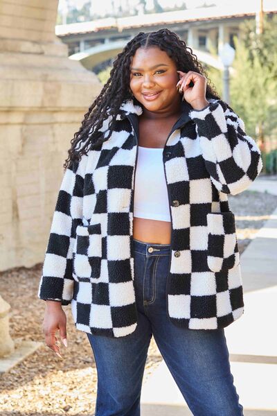 Double Take Full Size Checkered Button Front Coat with Pockets - Alonna's Legging Land