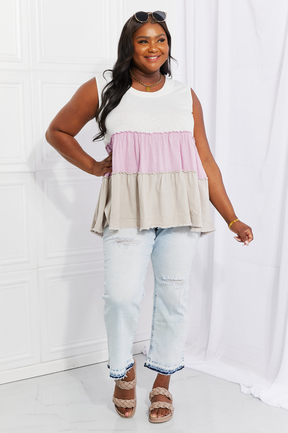 White Birch Full Size Watching the Sunset Color Block Babydoll Top - Alonna's Legging Land
