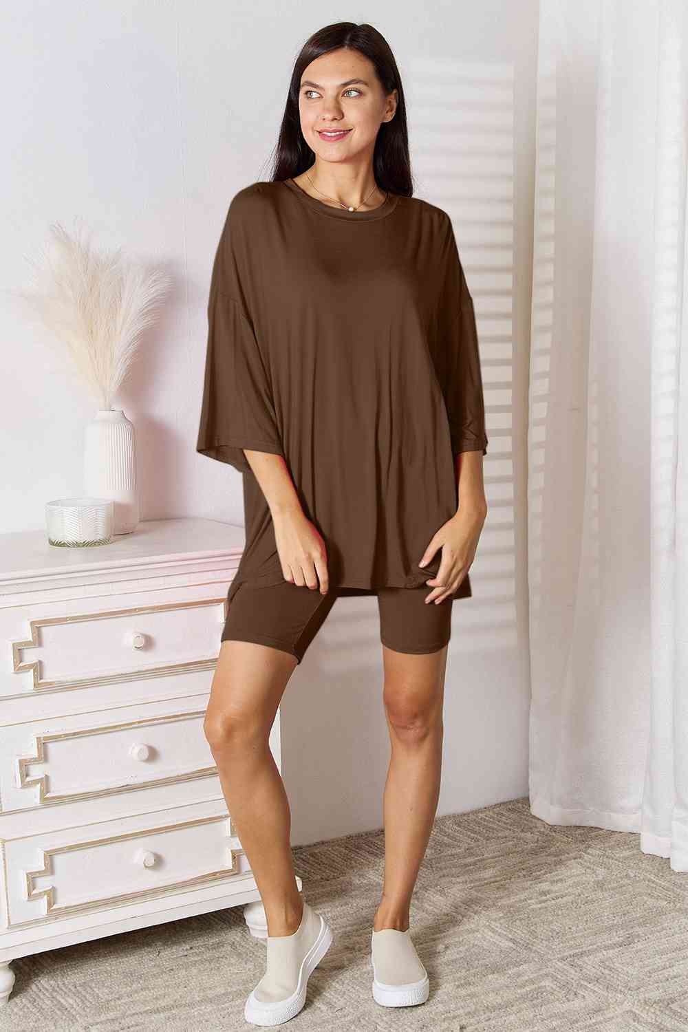 Basic Bae Full Size Soft Rayon Three-Quarter Sleeve Top and Shorts Set - Alonna's Legging Land