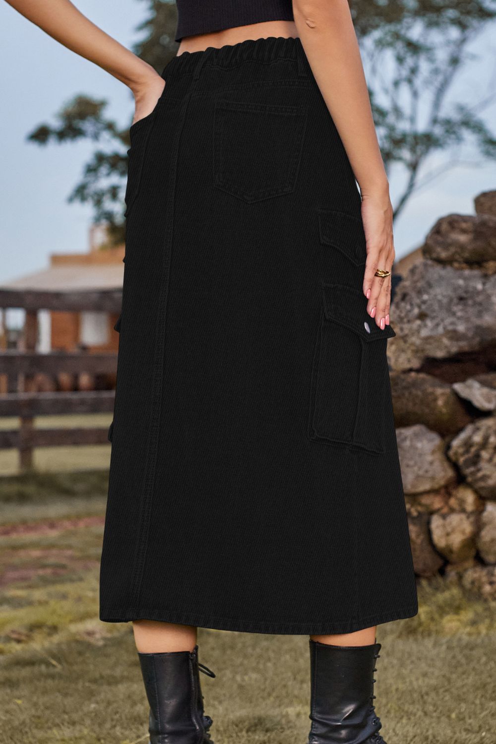 Slit Front Midi Denim Skirt with Pockets - Alonna's Legging Land