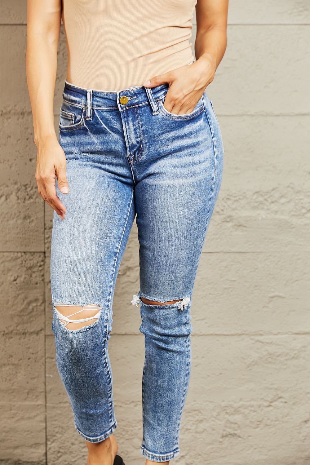 BAYEAS Mid Rise Distressed Skinny Jeans - Alonna's Legging Land