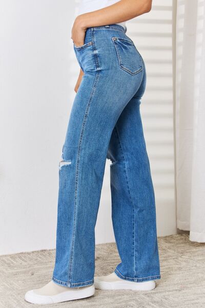Judy Blue Full Size High Waist Distressed Straight-Leg Jeans - Alonna's Legging Land