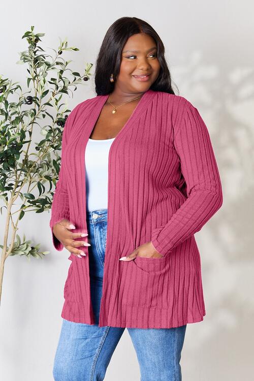 Basic Bae Full Size Ribbed Open Front Cardigan with Pockets - Alonna's Legging Land
