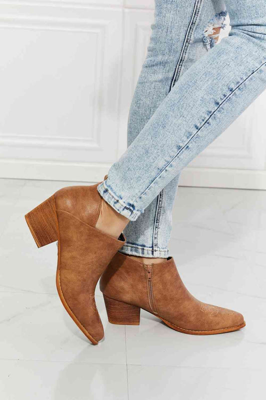 MMShoes Trust Yourself Embroidered Crossover Cowboy Bootie in Caramel - Alonna's Legging Land