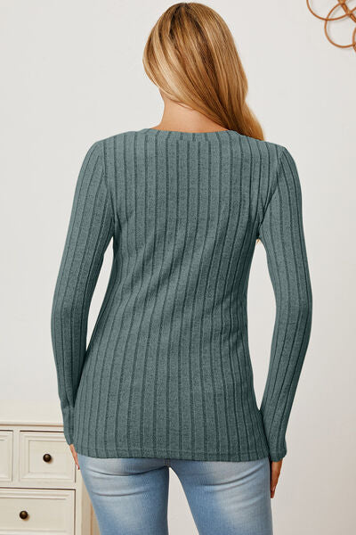 Basic Bae Full Size Ribbed V-Neck Long Sleeve T-Shirt - Alonna's Legging Land
