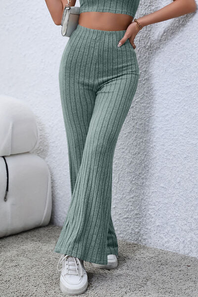 Basic Bae Full Size Ribbed High Waist Flare Pants - Alonna's Legging Land