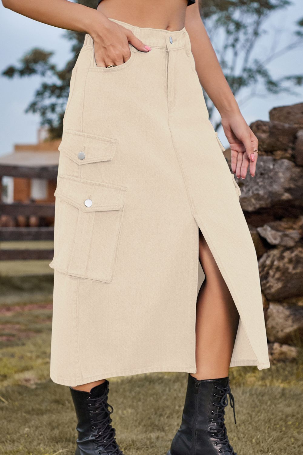 Slit Front Midi Denim Skirt with Pockets - Alonna's Legging Land