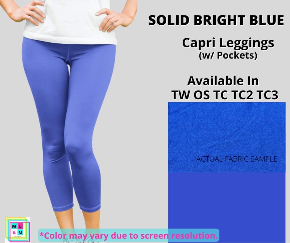 Solid Bright Blue Capri Leggings w/ Pockets - Alonna's Legging Land