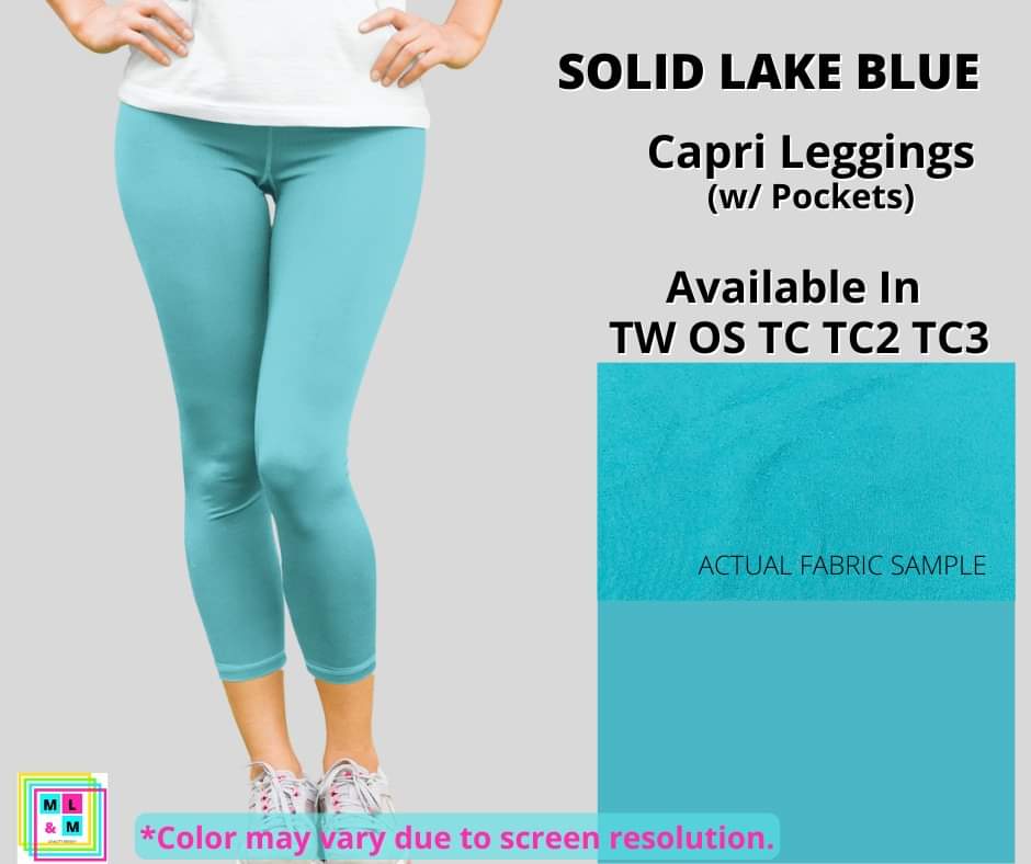 Solid Lake Blue Capri Leggings w/ Pockets - Alonna's Legging Land