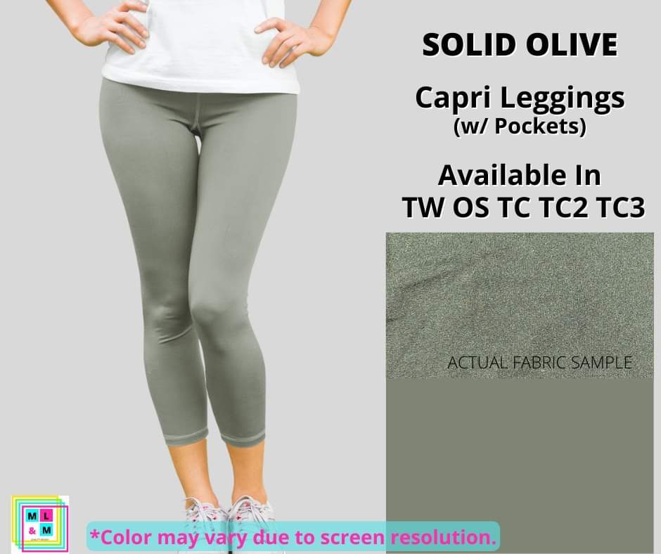 Solid Olive Capri Leggings w/ Pockets - Alonna's Legging Land