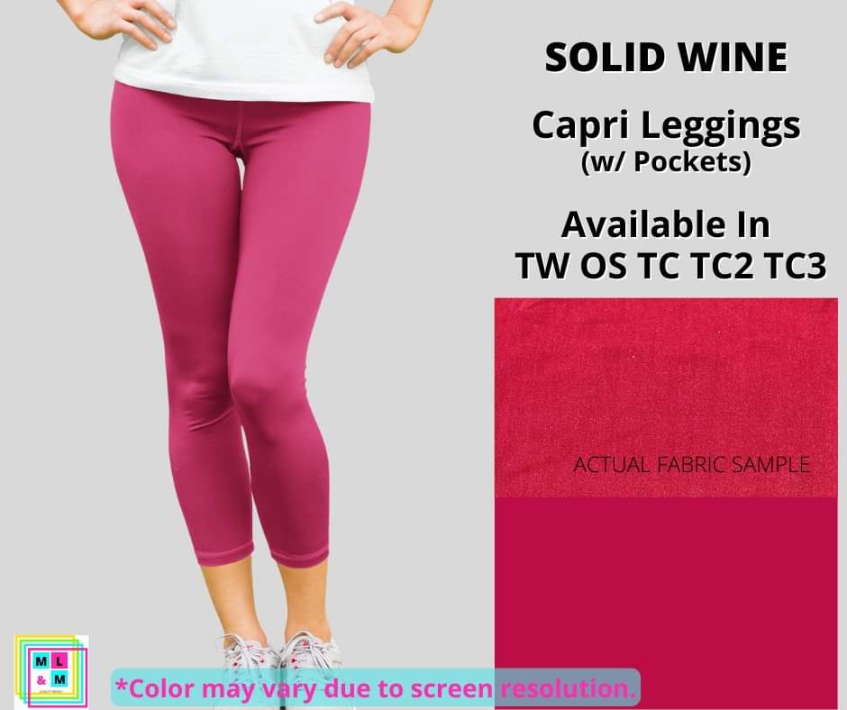 Solid Wine Capri Leggings w/ Pockets - Alonna's Legging Land